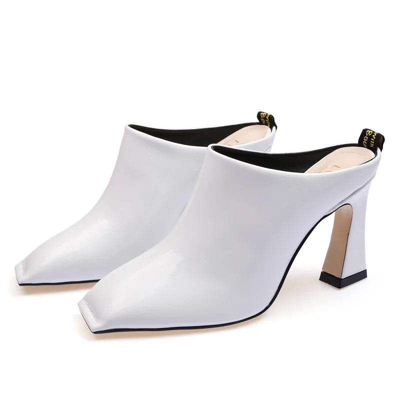 Baotou Square Toe Fitting Shoes Chunky Heel Sandals White - Shop at LoveMi