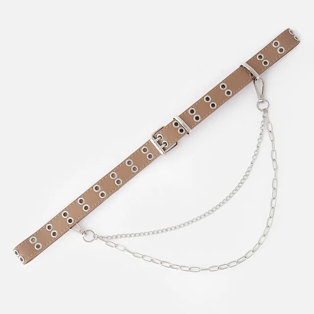 Jeans With Cutout Air Eye Punk Casual Belt Khaki - Shop at LoveMi