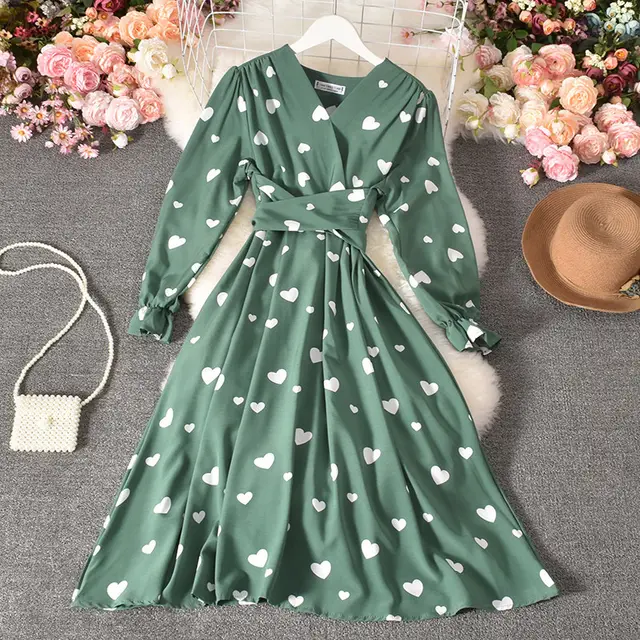 Tie Belt Love Pleated Long Dress Green - Shop at LoveMi
