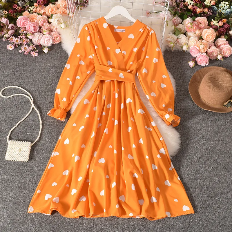Tie Belt Love Pleated Long Dress - Yellow