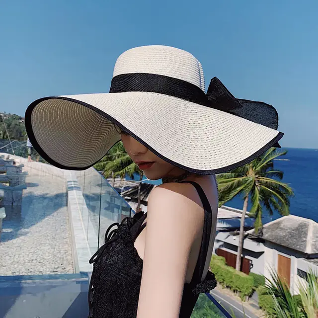 Women's Straw Woven Straw Hat Beach Seaside Travel Sun Hat White Black - Shop at LoveMi