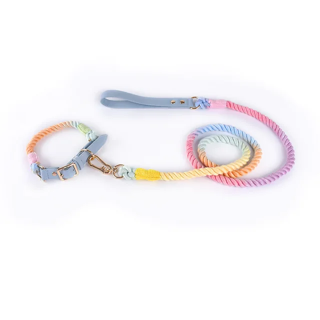 Cotton Rope Woven Leather Pet Leash Collar Set Medium Large Dog Walking Macaron - Shop at LoveMi