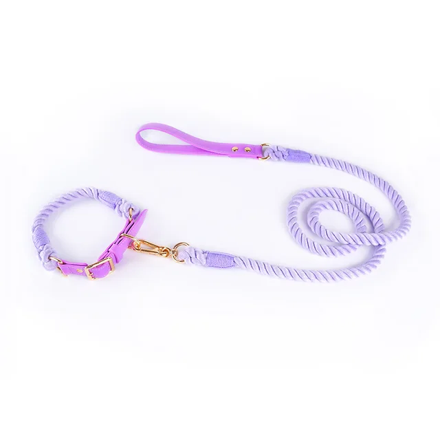 Cotton Rope Woven Leather Pet Leash Collar Set Medium Large Dog Walking Purple - Shop at LoveMi