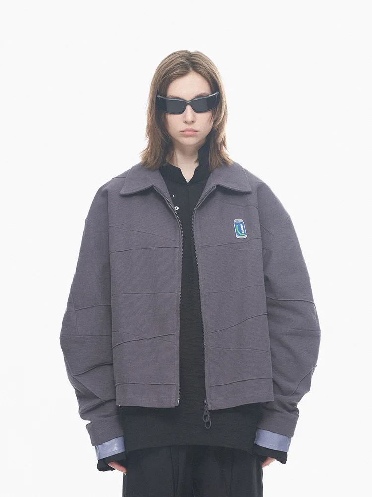 Confused Three dimensional Line Groove Combined With Patchwork Leather Label Jacket Grey - Shop at LoveMi