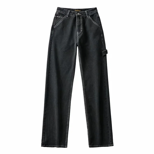 High Waist Slim Wide Leg Jeans Retro Tooling Fashion Stitching Long Dark Grey - Shop at LoveMi