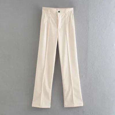 Wide Tube Women's Slim PU Leather Straight Trousers Beige - Shop at LoveMi