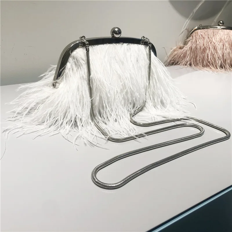 Turkey Feather Pearl Chain Messenger Shoulder Bag Women's Ostrich White - Shop at LoveMi