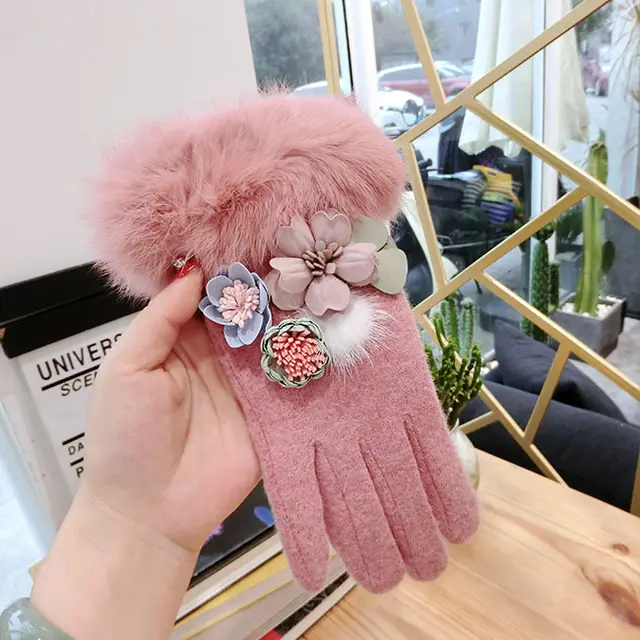 Women's Fur Ball Ladies' Wool Thickened Finger pointing Gloves Pink - Shop at LoveMi