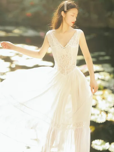 Women's Backless White Chiffon Lace Dress White - Shop at LoveMi