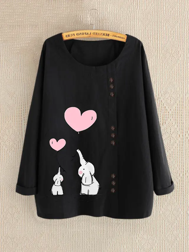 New Cotton And Linen Round Neck Cartoon Cute Printing Long Sleeves Type D Black - Shop at LoveMi