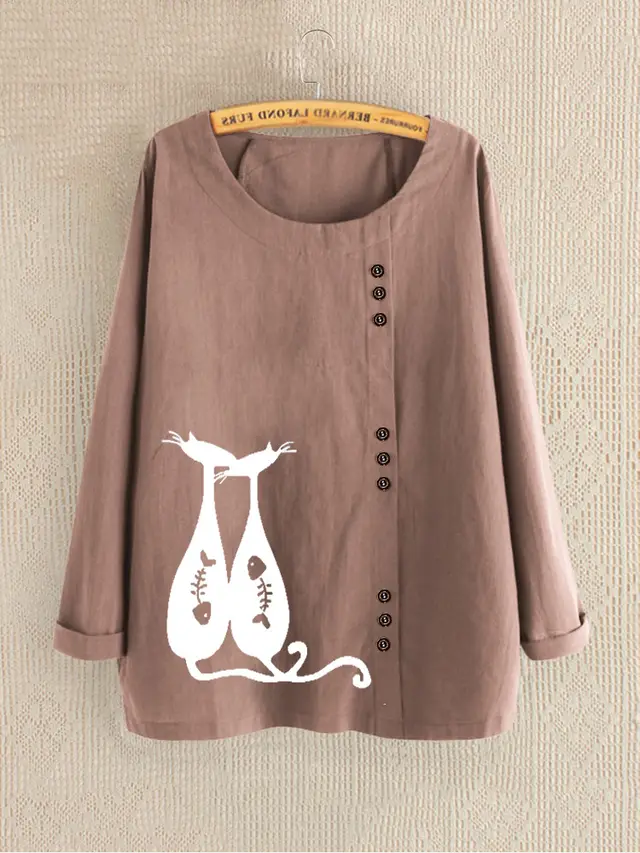 New Cotton And Linen Round Neck Cartoon Cute Printing Long Sleeves Type F Pink - Shop at LoveMi