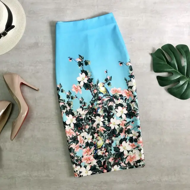 Women's Flower Print Half High Waist Back Slit Over Knee Pencil Skirt 399Color - Shop at LoveMi