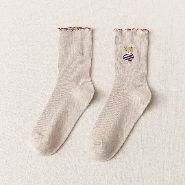 Women's Bear Embroidered Fungus Lace Mid Tube Socks Khaki - Shop at LoveMi