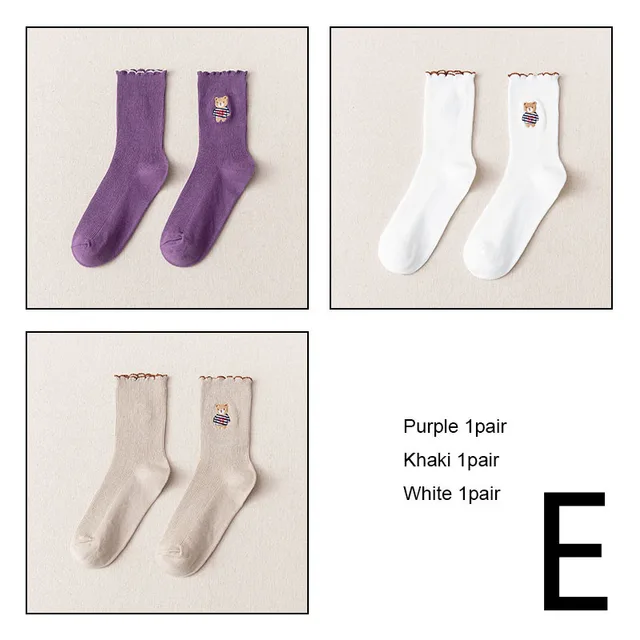 Women's Bear Embroidered Fungus Lace Mid Tube Socks Set E - Shop at LoveMi