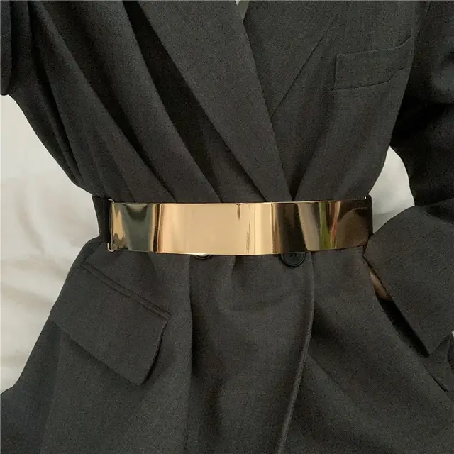 Mirror Glossy Metal Belt Feel With Suit Dress Elastic Elastic Girdle Decoration Gold - Shop at LoveMi
