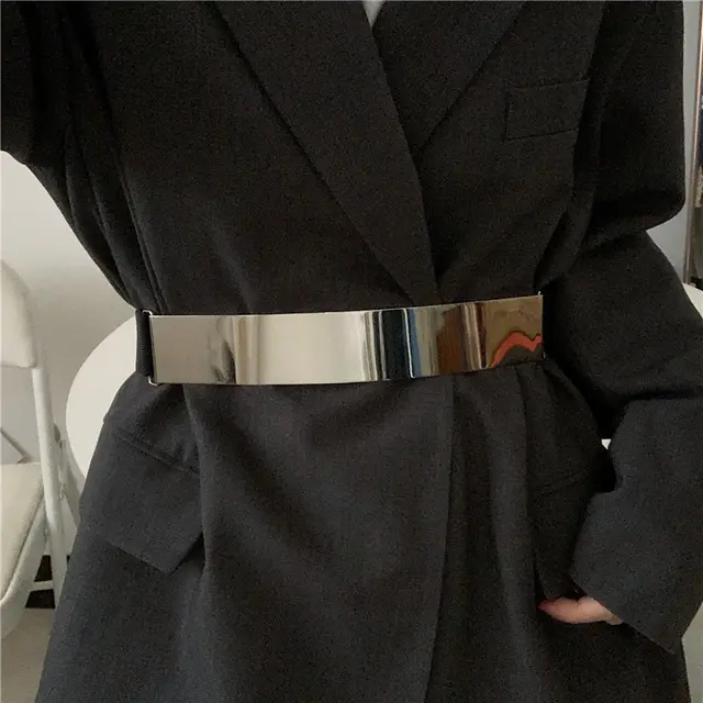 Mirror Glossy Metal Belt Feel With Suit Dress Elastic Elastic Girdle Decoration Silver - Shop at LoveMi
