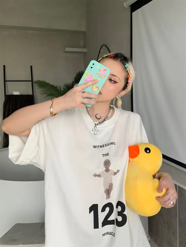 Retro Distressed Short Sleeve Loose American T Shirt Unisex White - Shop at LoveMi