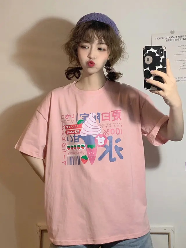 Japanese Style Short sleeved T shirt Women's Ins College Style Loose Pink - Shop at LoveMi