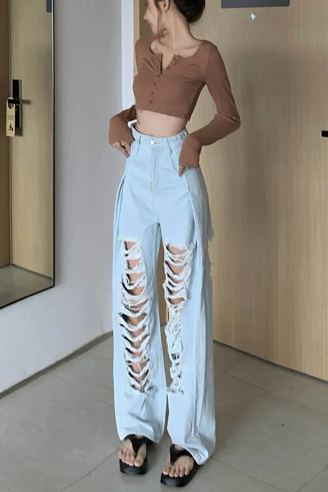 Ripped Straight High Waist Wide Leg Pants Loose Mopping Blue - Shop at LoveMi