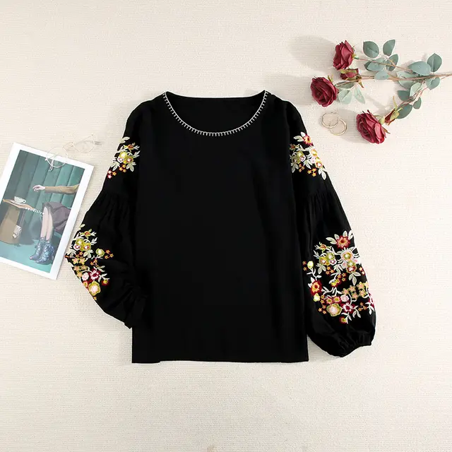 Women's New Embroidered Stitching Simple Casual Lantern Sleeve Top Women Black - Shop at LoveMi