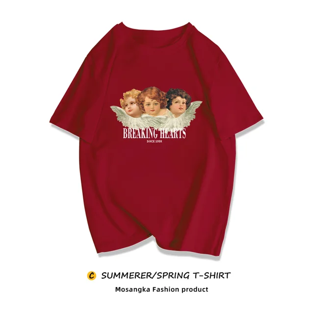 Niche Sweet And Cool T shirt European And American Retro Plus Size MM Top Wine Red - Shop at LoveMi