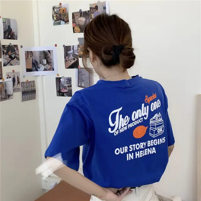 Ladies Preppy Loose Lettering Solid Color Top Women's Blue - Shop at LoveMi
