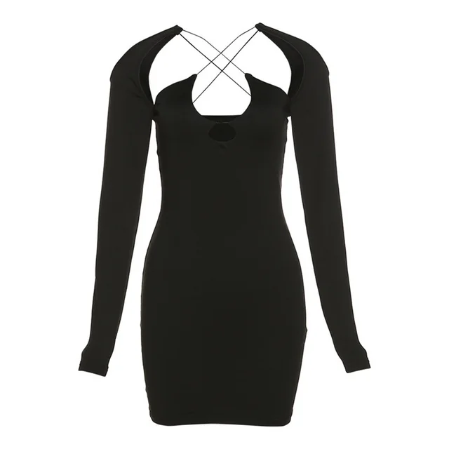 Fashion Hollow Solid Color Long Sleeve Slim Fit Hip Dress Black - Shop at LoveMi