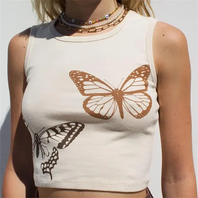 Women's Butterfly Print Sleeveless Crewneck Tank Top Khaki - Shop at LoveMi