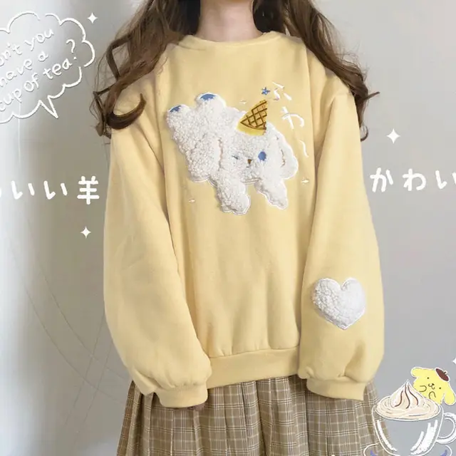Women's Autumn And Winter Fleece Student Round Neck Sweater Coat Yellow - Shop at LoveMi