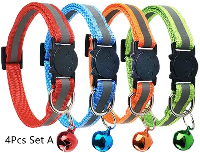 Colorful Polyester Reflective Bell Cat Jack Pet Collar 4Pcs Set A - Shop at LoveMi