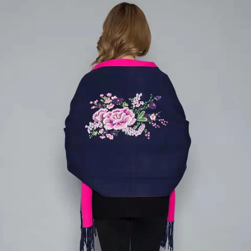 Sleeve Shawl Scarf Dual Purpose Solid Color Fringe Winter Navy Blue - Shop at LoveMi
