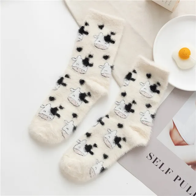 Mink Fleece Socks Coral Fleece Female Cartoon Animal Cow On White - Shop at LoveMi