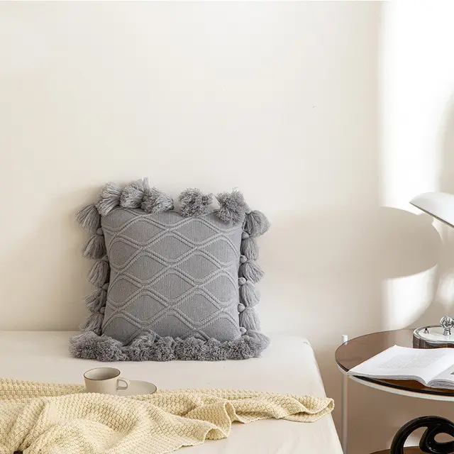 Tassel Knitted Throw Pillow Car Sofa Chair Cushion Grey - Shop at LoveMi