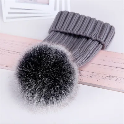 Oversized Warm Real Raccoon Fox Fur Ball Wool Hat Grey Piaoshuang Fox Ball - Shop at LoveMi