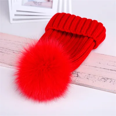 Oversized Warm Real Raccoon Fox Fur Ball Wool Hat Red - Shop at LoveMi