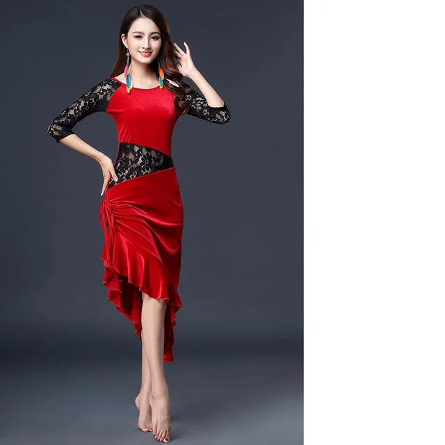 Golden Velvet Latin Dance Practice Practice Stage Performance Outfit Red - Shop at LoveMi