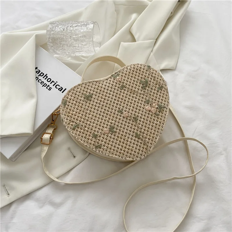 Crossbody Straw Girls One Shoulder Heart Small Round Bag Beige - Shop at LoveMi