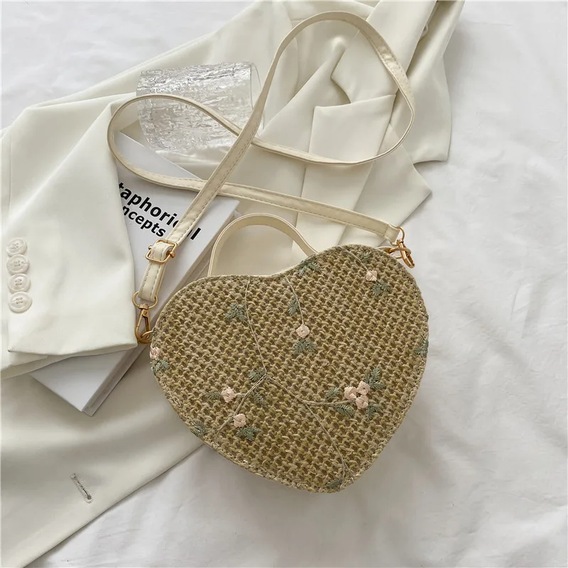 Crossbody Straw Girls One Shoulder Heart Small Round Bag Khaki - Shop at LoveMi