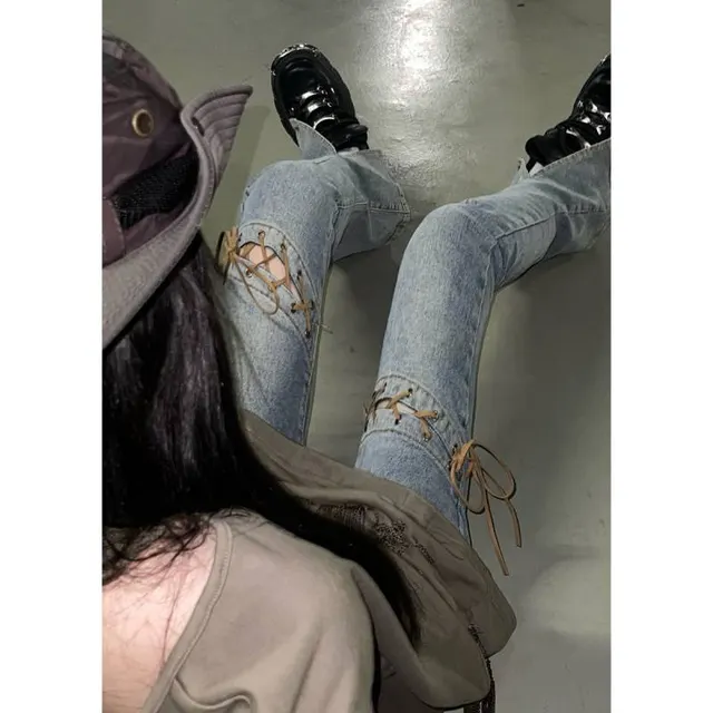 Ripped Pants Women's Trendy Fried Street Flared Slit Jeans Blue - Shop at LoveMi