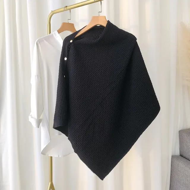New Knitted Shawl Cloak Buckle Wool Plaid Scarf Women's All match Warm Large Cape Black - Shop at LoveMi