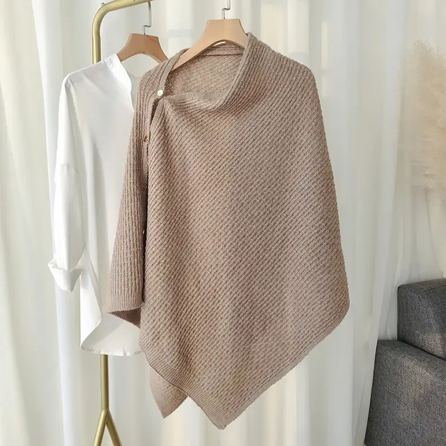 New Knitted Shawl Cloak Buckle Wool Plaid Scarf Women's All match Warm Large Cape Camel - Shop at LoveMi