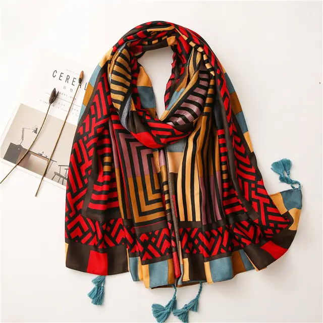 Smudge Starry Sky Geometric Cartoon Cotton Linen Scarf Women Red - Shop at LoveMi
