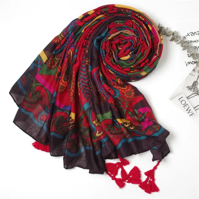 Cashew Flower Cotton Linen Scarf Warm Scarf Shawl Red - Shop at LoveMi