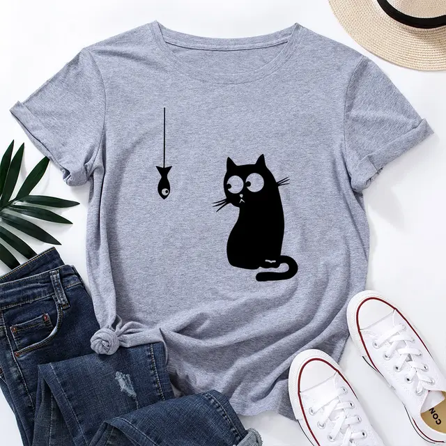 Ladies New T Shirt Cat And Fish Casual Short Sleeve Light Gray T Black Lettering - Shop at LoveMi
