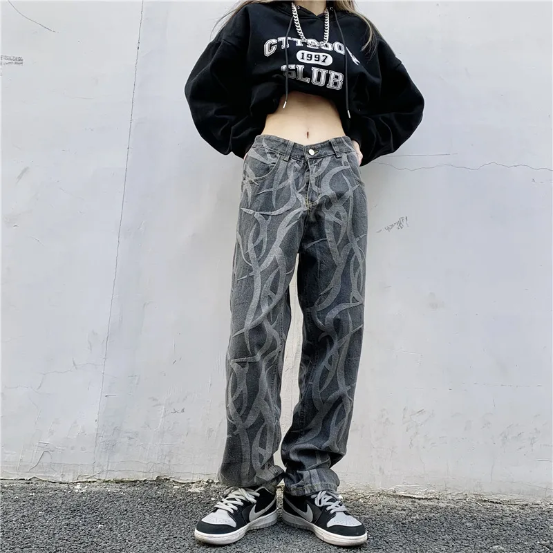 High Waist Straight Hip Hop Trousers Loose And Thin Wide Leg Pants Printed Jeans Dark Grey - Shop at LoveMi