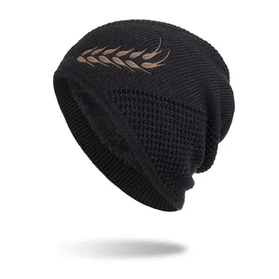 Embossed Wheat Ear Long Pullover Hat Knitted Beanie Black - Shop at LoveMi