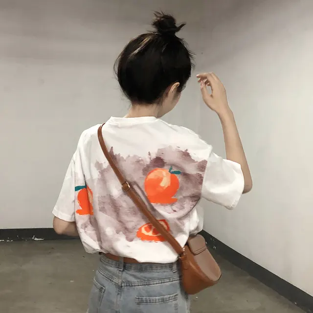 Slim College Style Back Orange Print Short Sleeves White - Shop at LoveMi