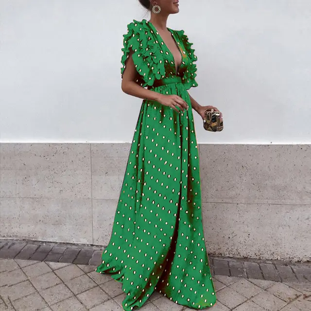 Women's Feifei Sleeve V Neck Backless Polka Dot Long Dress Green - Shop at LoveMi