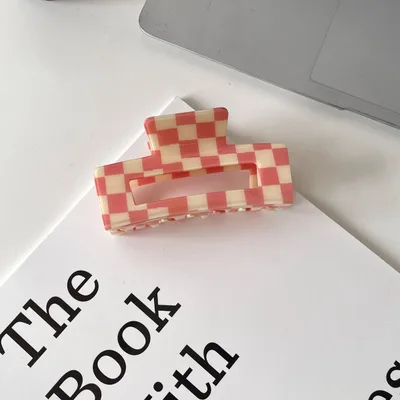 Color Acetate Checkerboard Grab Clip Net Red Temperament Pink - Shop at LoveMi