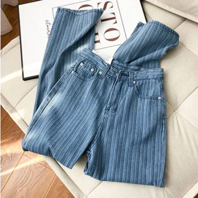 Women's Loose High Waist Straight Vertical Jeans Light Blue - Shop at LoveMi